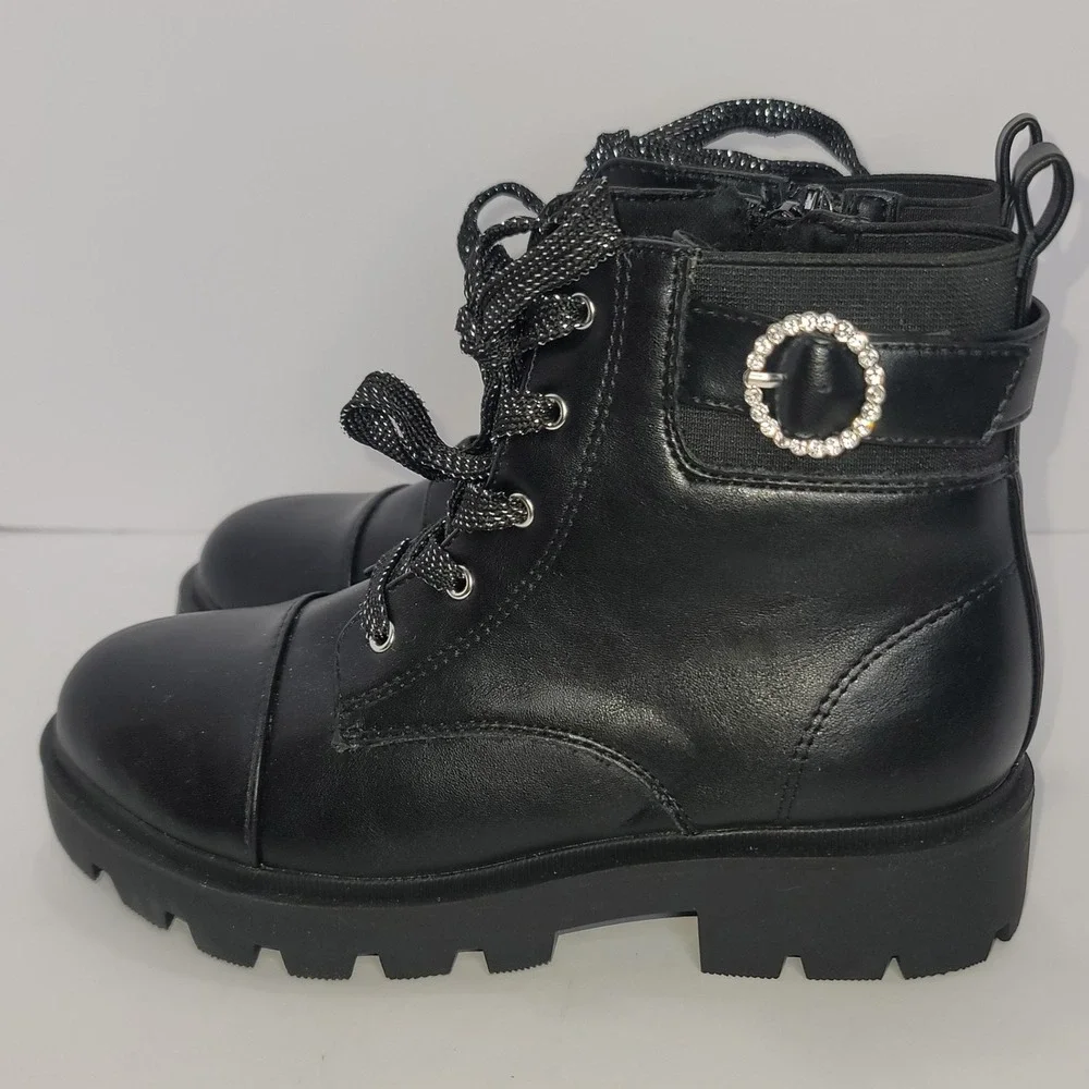 Joie Black Kids Metallic Laces Combat Boots Rhinestone Buckle & Side Zip Sz3 Y2K